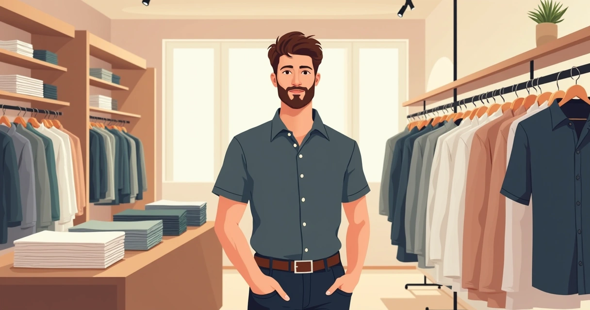 Atendente com camisa casual em loja de roupas