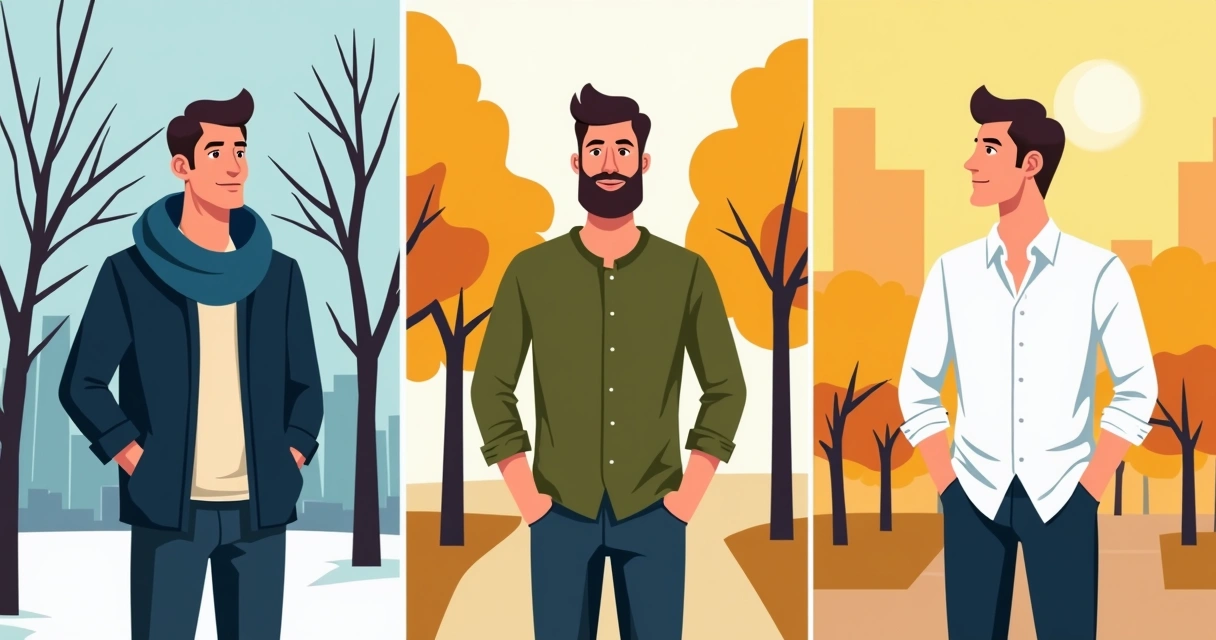 Homem usando camisa de manga longa em diferentes estações do ano