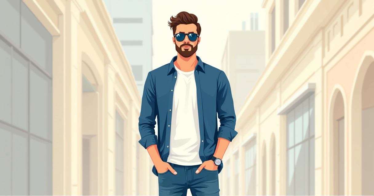 Homem usando camisa de manga longa azul sobre camiseta branca e calça jeans