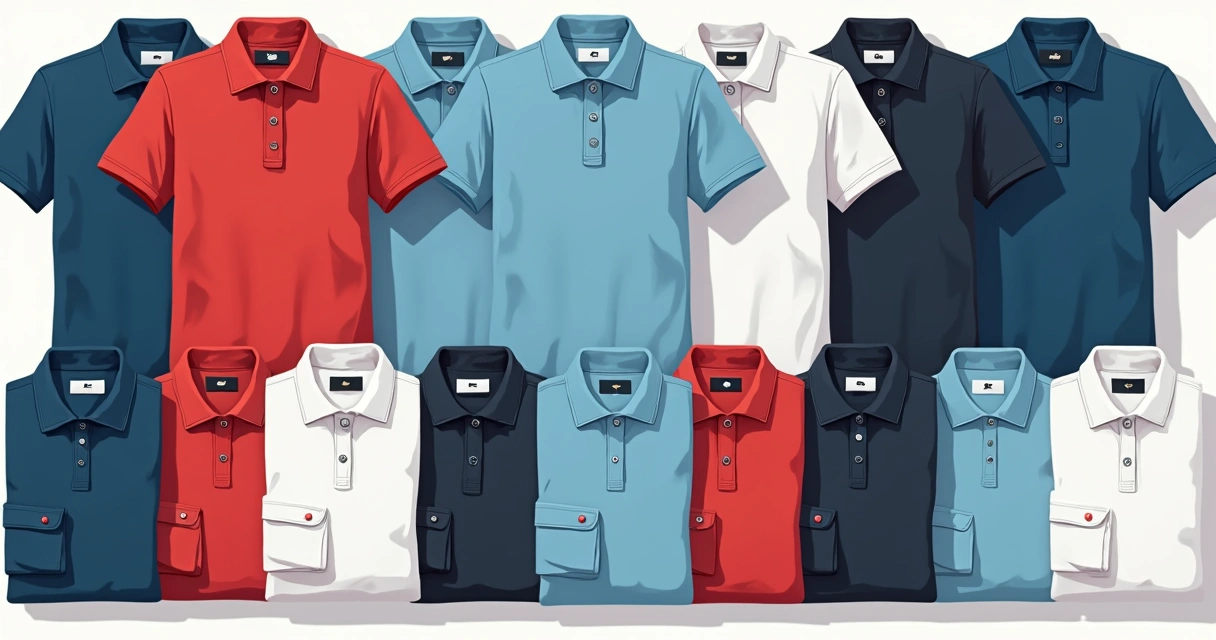 Vários modelos e cores de camisa polo masculina distribuídos em uma mesa