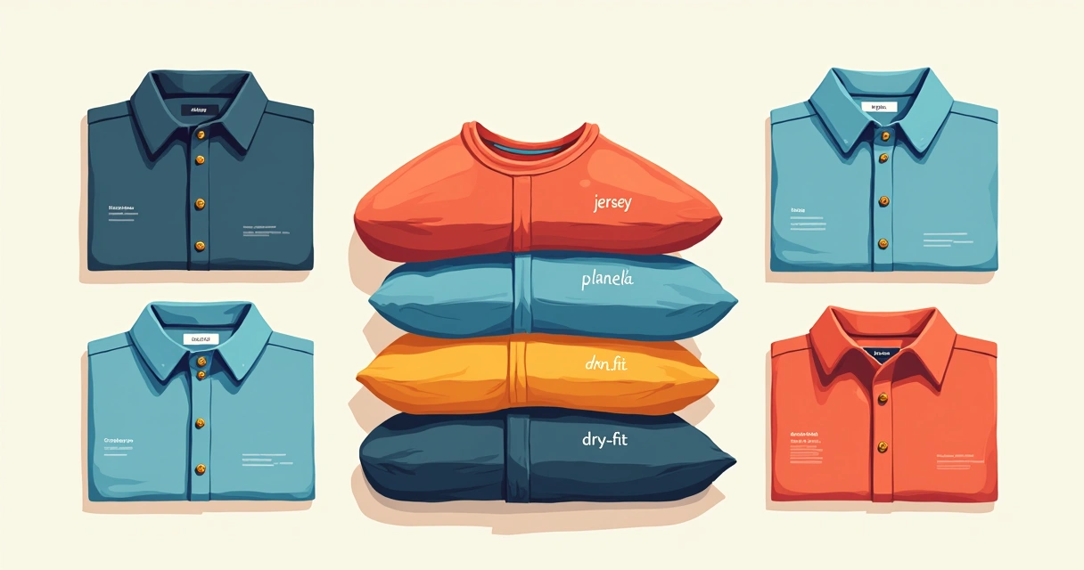 Camisas casuais e esportivas lado a lado em fundo colorido. 