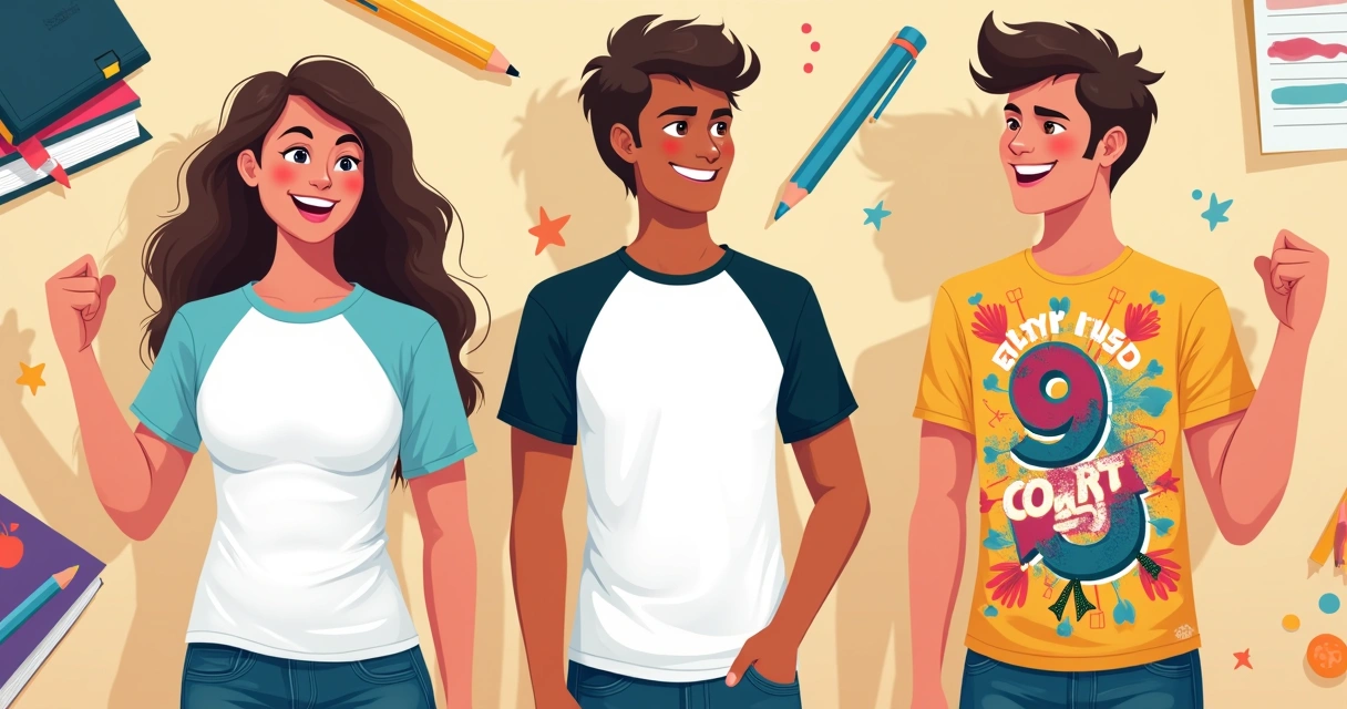 Três modelos de camisetas para formatura do 9º ano, incluindo básica, raglan e full print 