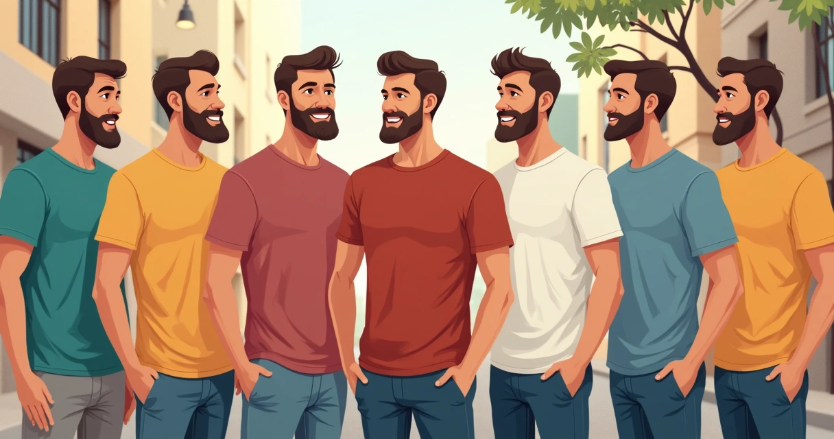 Grupo de homens adultos usando camisetas estilosas de algodão pima coloridas