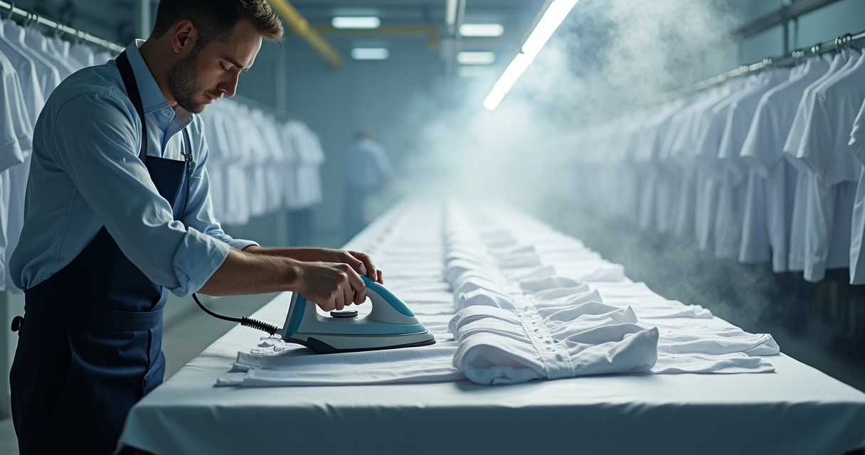 Camisas sociais recém-lavadas sendo passadas com ferro a vapor sobre mesa especial 