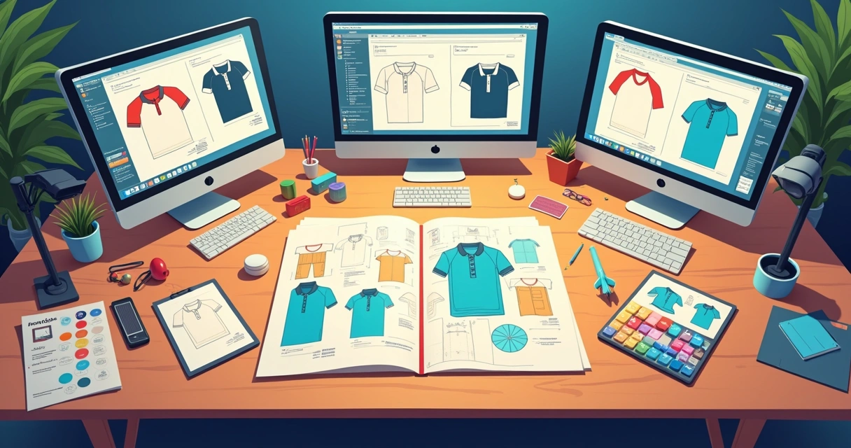 Arte digital de camisas terceirão sendo personalizadas em uma mesa com designers trabalhando.