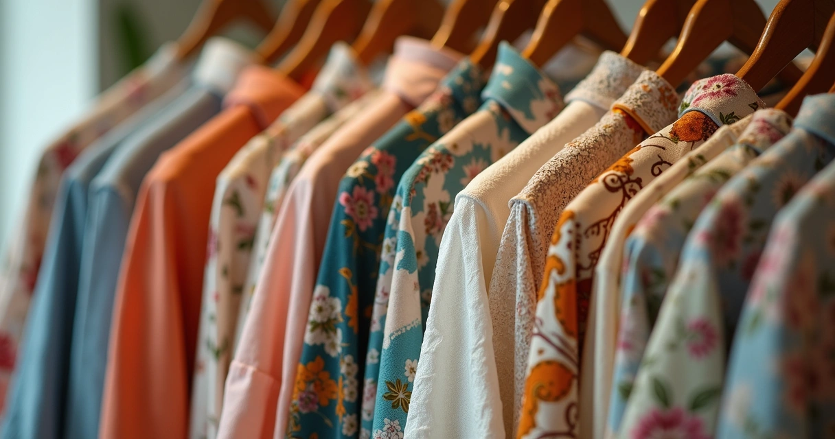 Camisas vintage com textura e estampas sensoriais penduradas lado a lado 