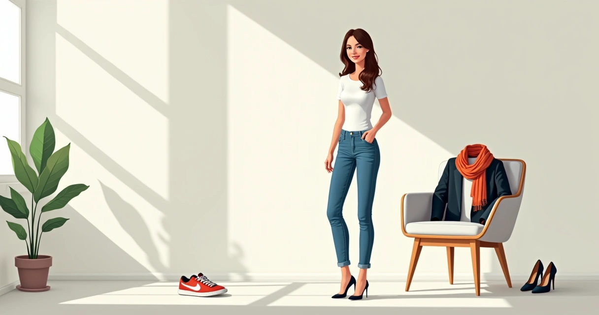 Mulher usando camiseta branca feminina com jeans, de pé em um ambiente clean 
