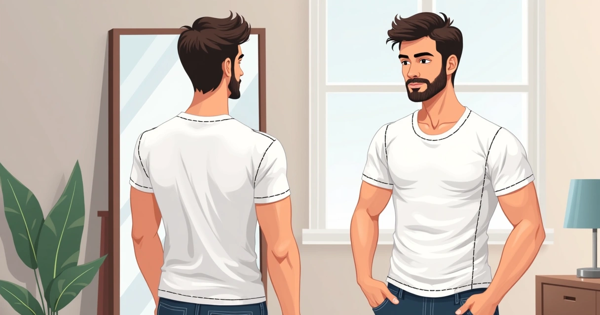 Homem provando camiseta diante de espelho observando ajustes nos ombros e mangas