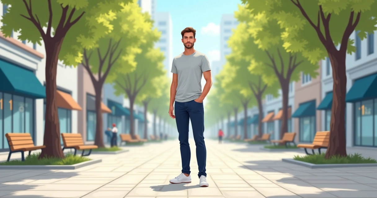 Homem com camiseta lisa e calça casual em passeio urbano