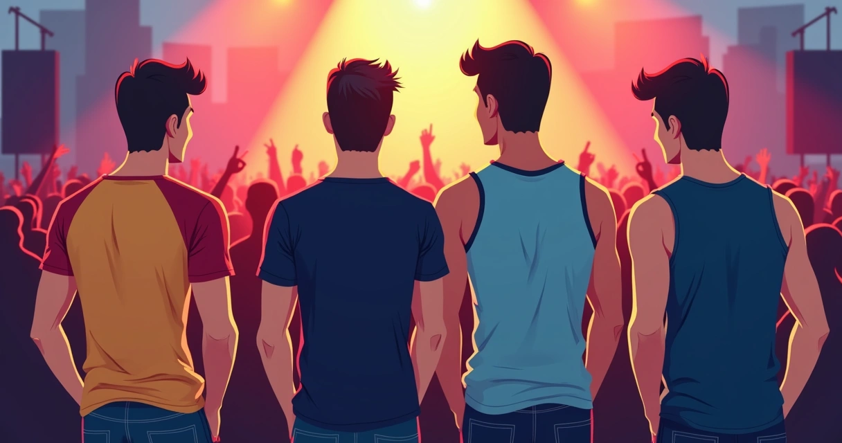 Grupo de homens jovens usando camisetas e regatas durante show do Dia do Rock