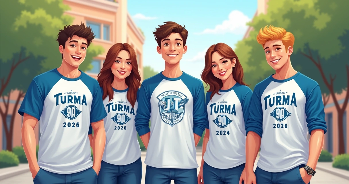 Camiseta estilo universitário azul e branca com logo centralizado da turma do 9º ano 
