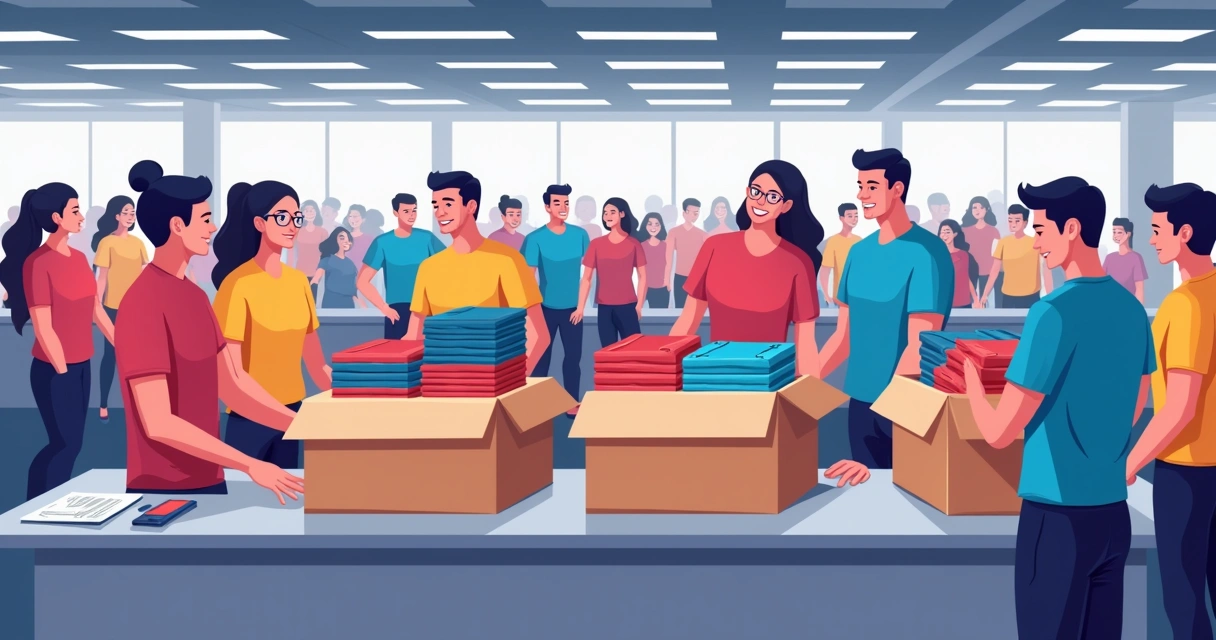 Camisetas personalizadas distribuídas em evento corporativo, equipe recebendo uniforme 