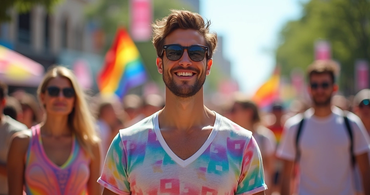 Homem com camiseta de gola V colorida em evento de orgulho