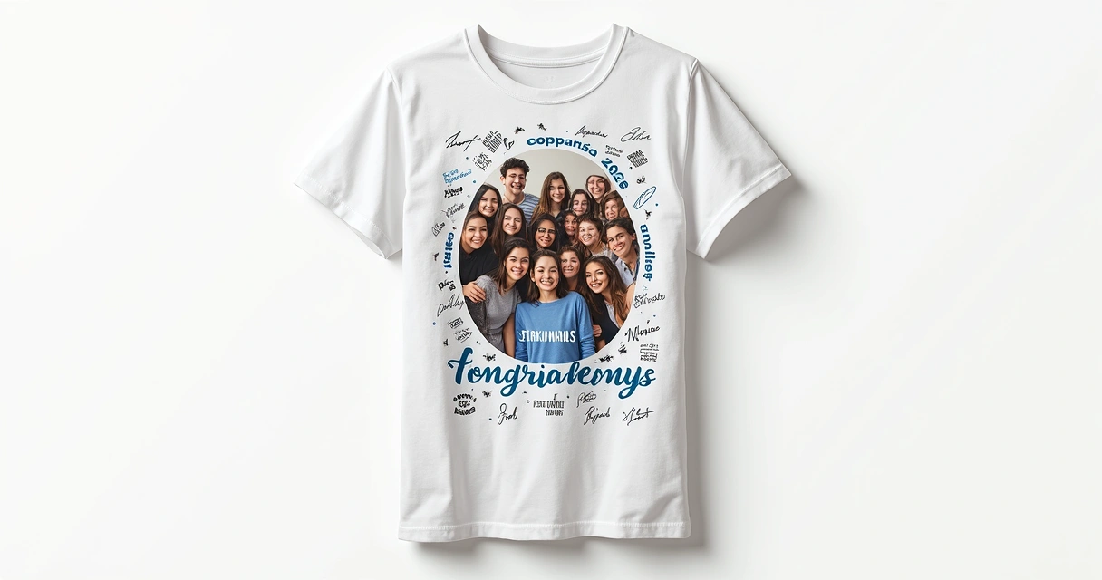 Camiseta branca com foto da turma do 9º ano centralizada e detalhes personalizados 