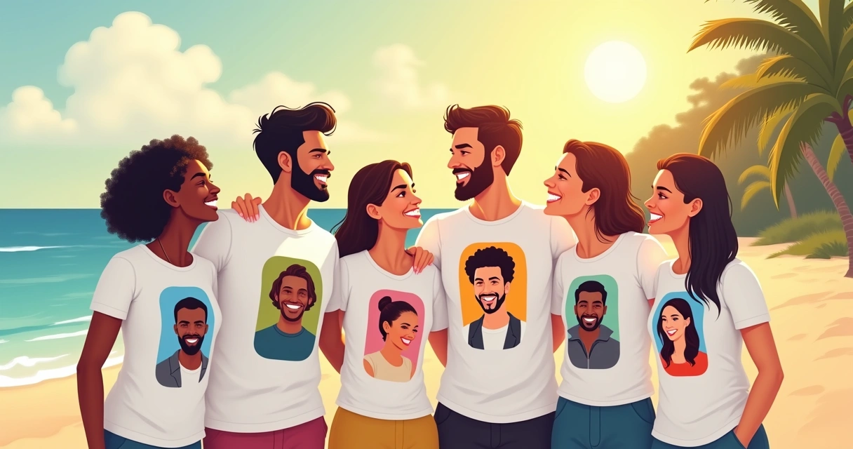 Pessoas felizes vestindo camisetas brancas personalizadas com fotos coloridas em uma praia ensolarada, formando um grupo unido 