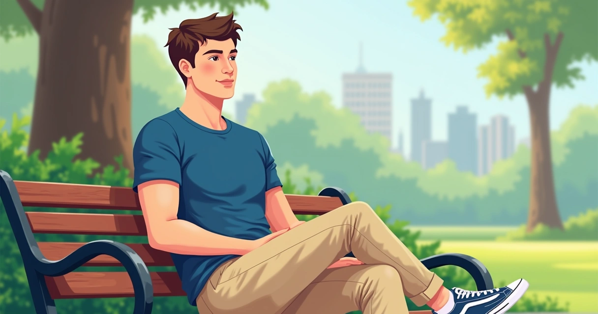 Homem com camiseta gola canoa azul sentado em um banco de praça