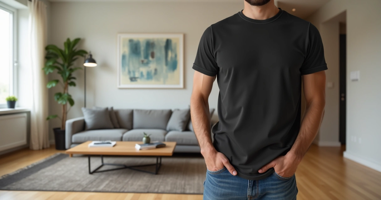 Homem vestindo camisa gola careca preta, calça jeans, em ambiente casual