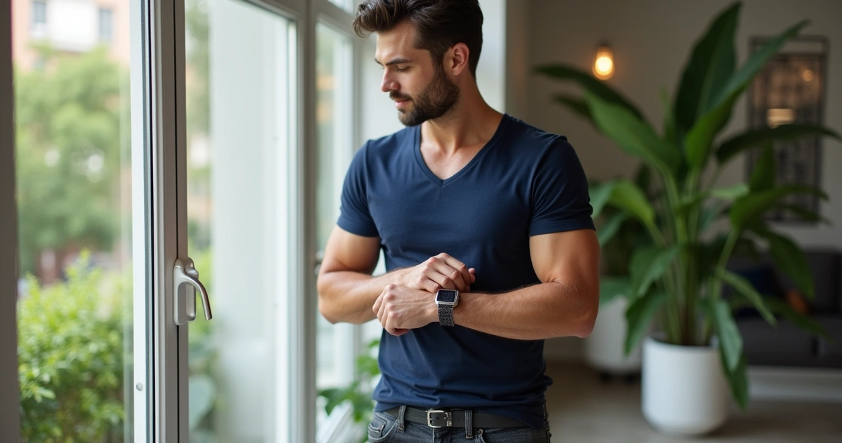 Homem usando camiseta gola V ajustada azul-marinho com jeans escuro e tênis branco