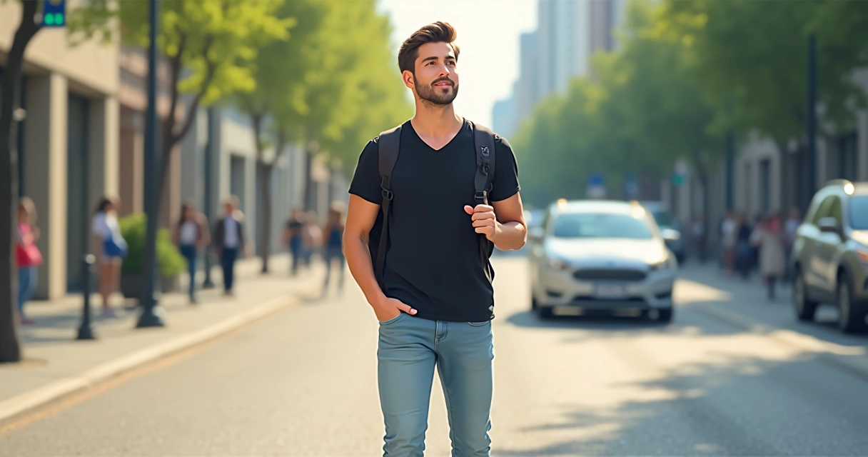 Homem vestindo camiseta preta gola v, calça jeans clara e tênis branco em ambiente urbano