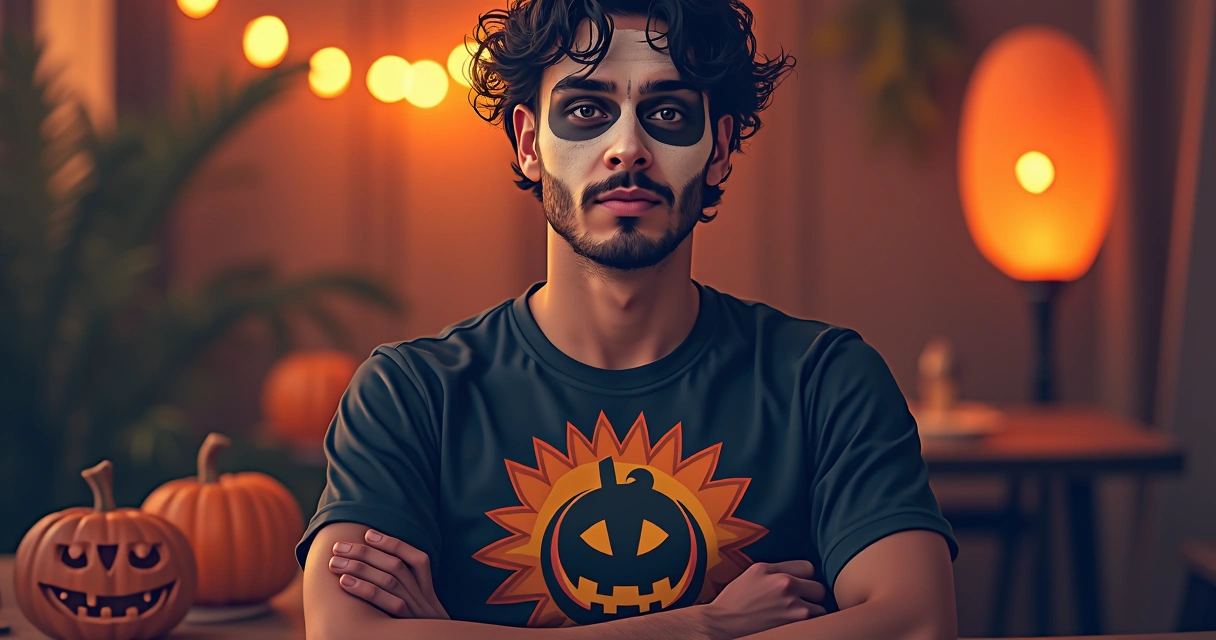 Homem vestindo camiseta temática para Halloween, com maquiagem e acessórios simples