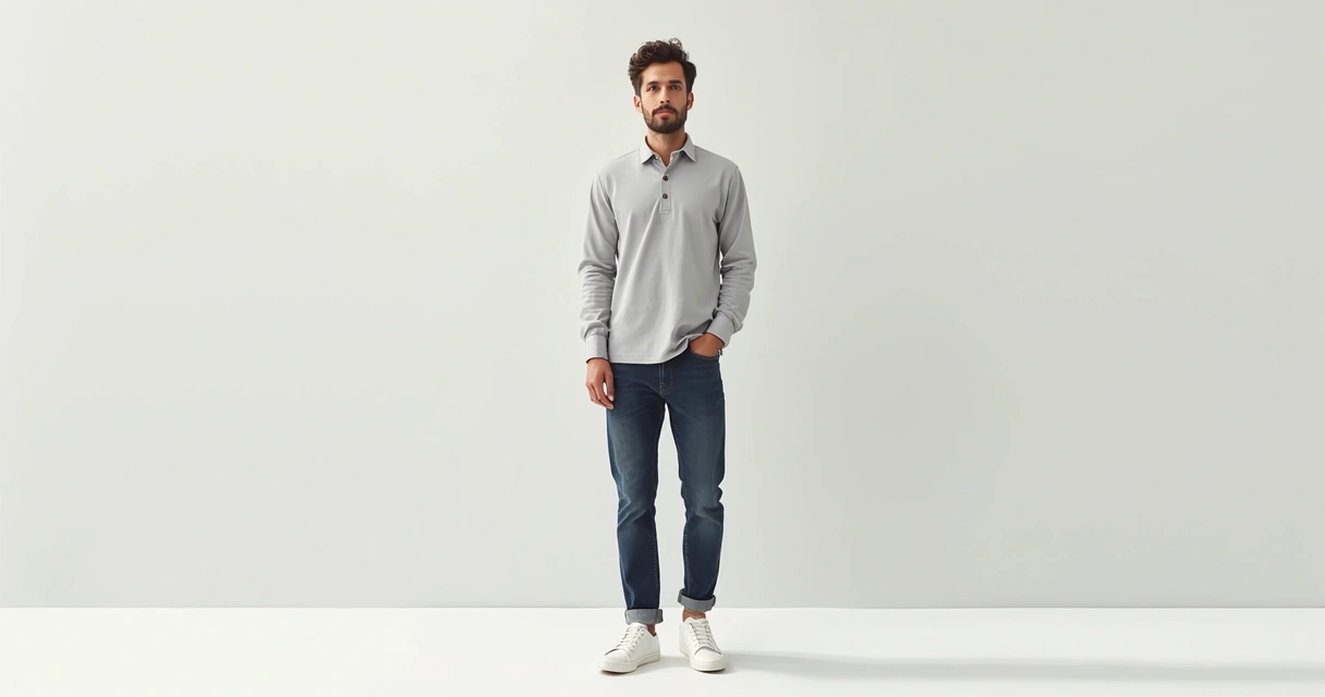 Homem vestindo camiseta Henley cinza clara, botões abertos, combinando com jeans escuro, de pé em um estúdio minimalista, expressando estilo casual moderno.