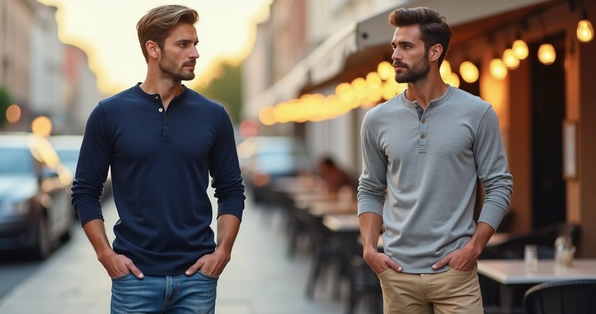 Homem usando camiseta gola Henley em diferentes combinações, alternando calça jeans e calça de sarja 