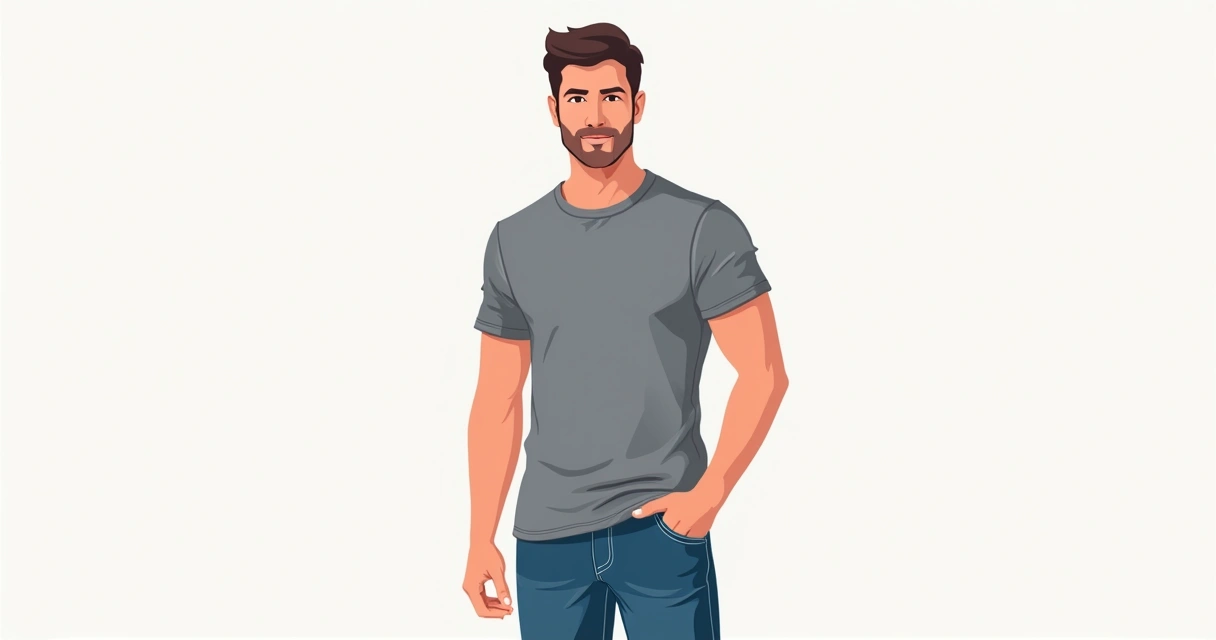 Homem vestindo camiseta ajustada e calça jeans cinza em fundo branco