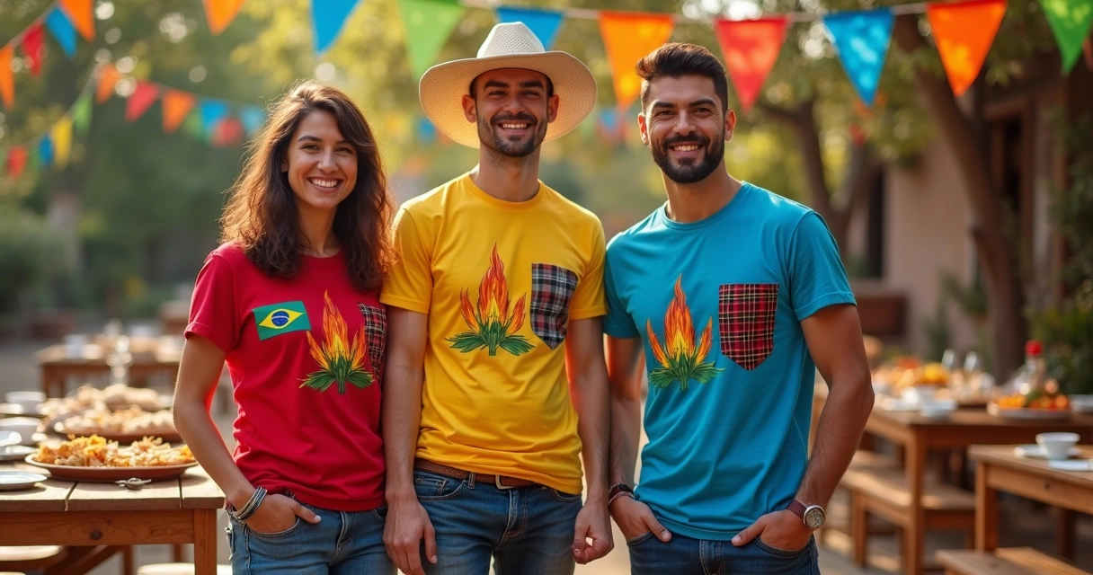 Camiseta personalizada com detalhes de bandeirinhas e balão junino 