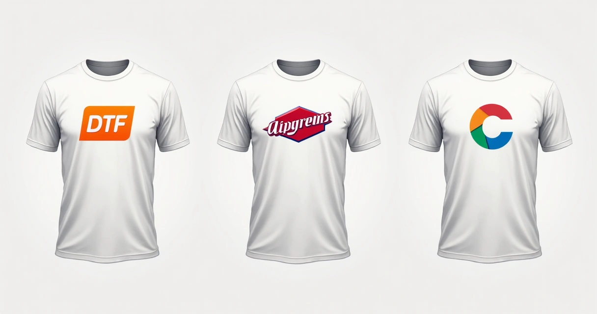 Camiseta branca com exemplos de logo em DTF, silk screen e bordado