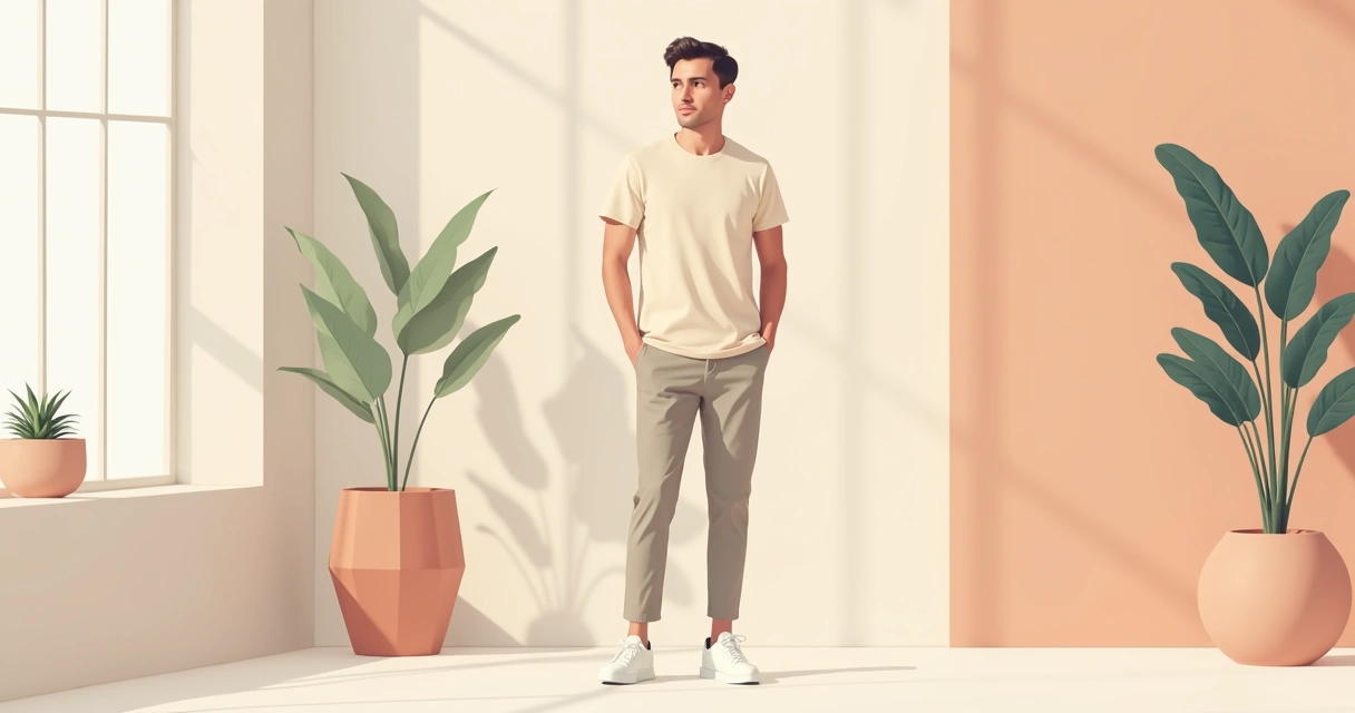 Camiseta longa masculina em visual minimalista com calça neutra e tênis branco