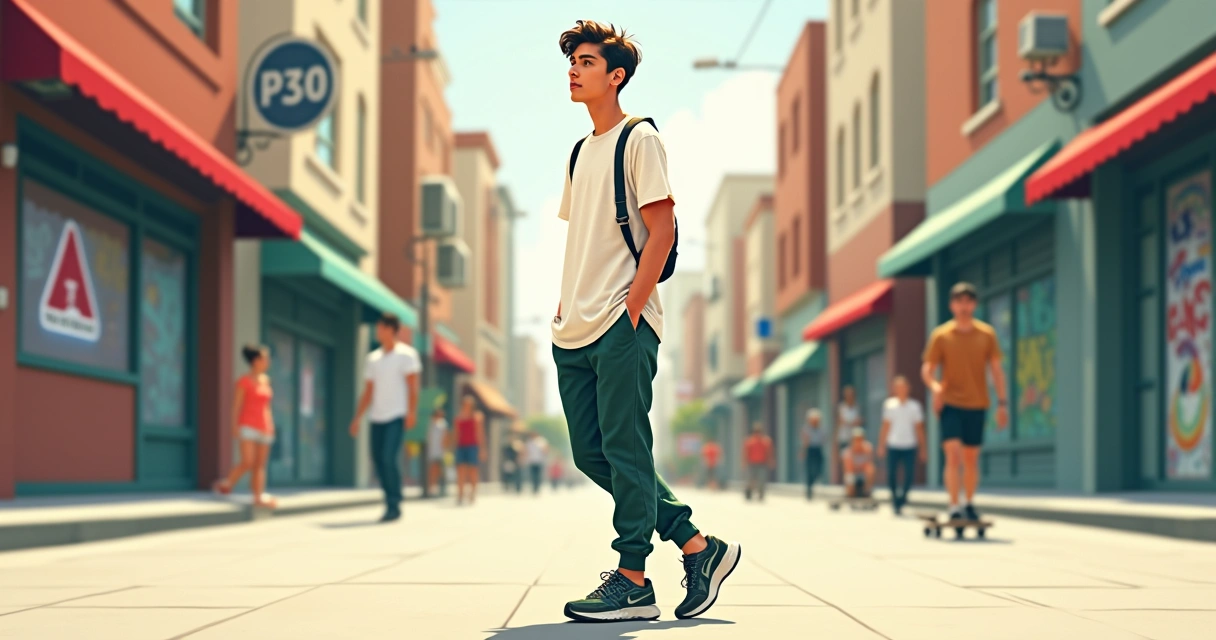 Camiseta masculina alongada usada em look urbano com calça jogger e tênis