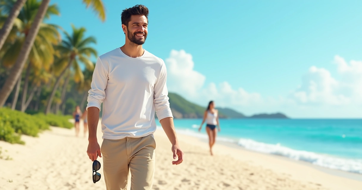 Homem usando camiseta branca de manga longa e calça clara caminhando na praia no verão