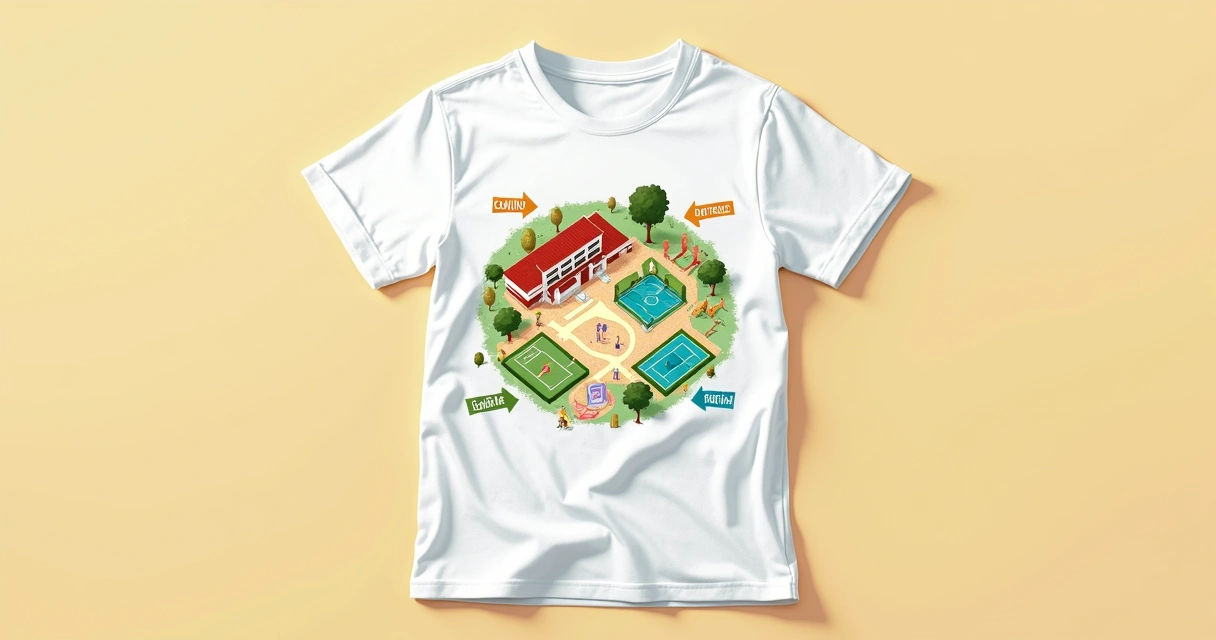 Ilustração de uma camiseta decorada com um mapa estilizado de escola 