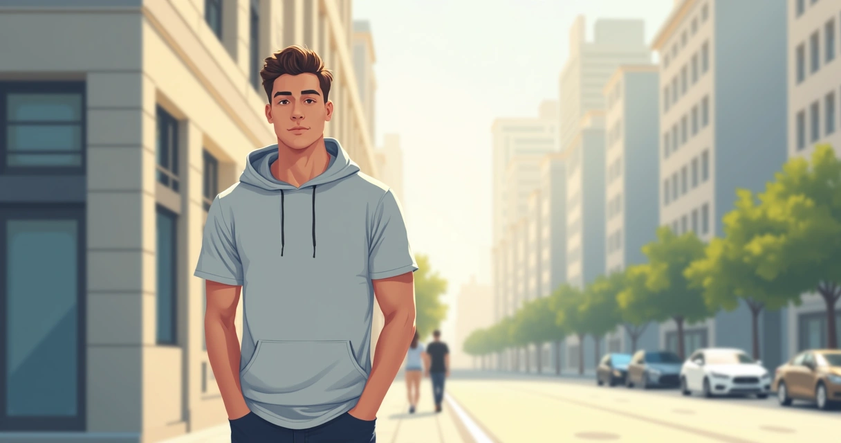 Homem vestindo camiseta cinza com capuz em ambiente urbano