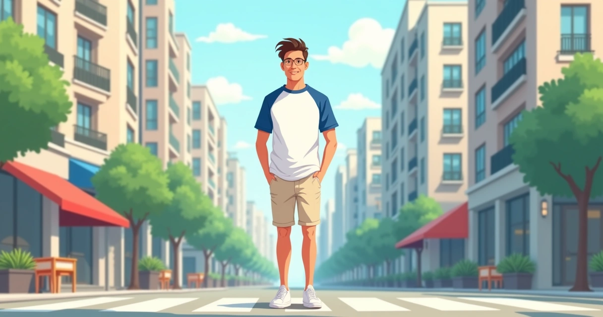 Homem com camiseta masculina em dois tons azul e branco combinando com bermuda de sarja bege