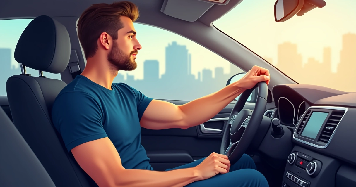 Homem com camiseta ajustada ao volante de carro, interior iluminado por luz natural.
