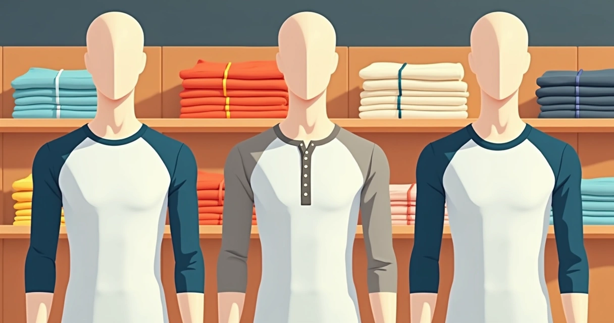 Camisetas masculinas variadas em manequins mostrando cortes e cores diferentes