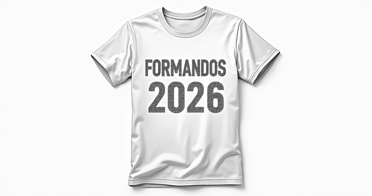 Camiseta personalizada com nomes de alunos do 9º ano formando a palavra Formandos 2026 