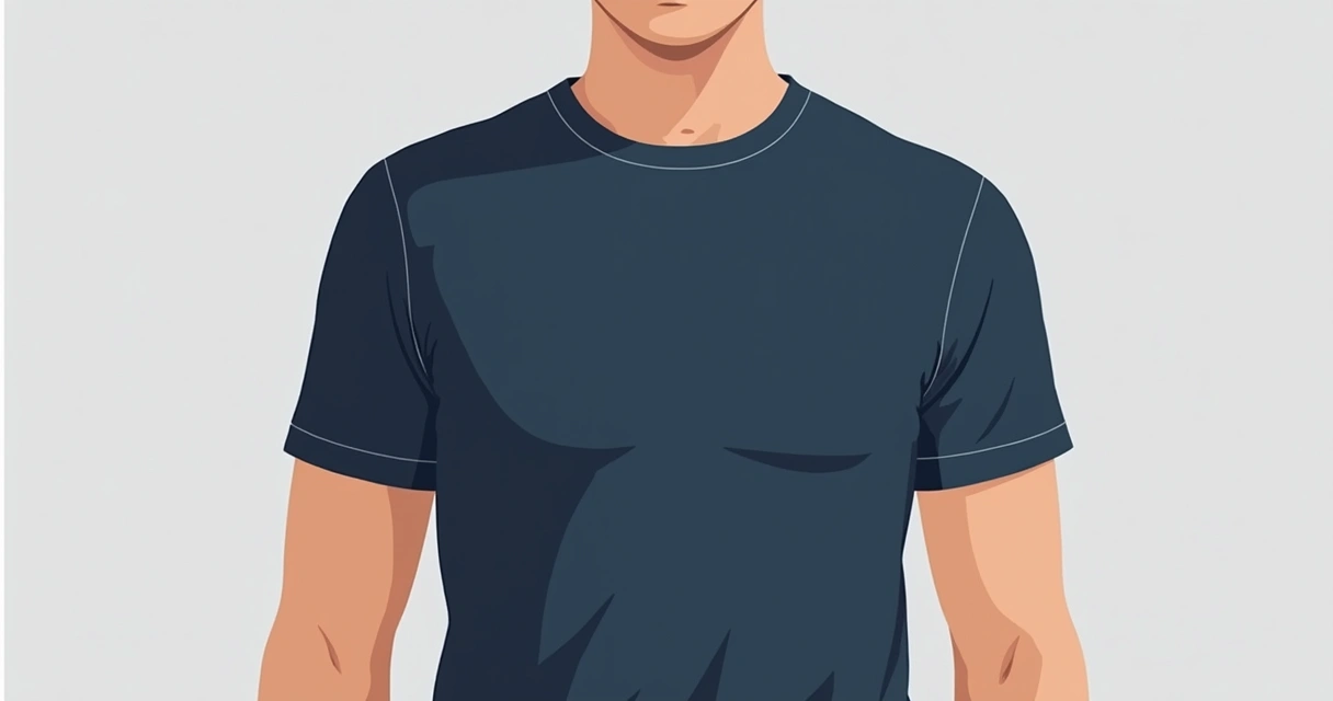 Homem vestindo camiseta azul escura, modelo slim, com costura alinhada ao ombro 