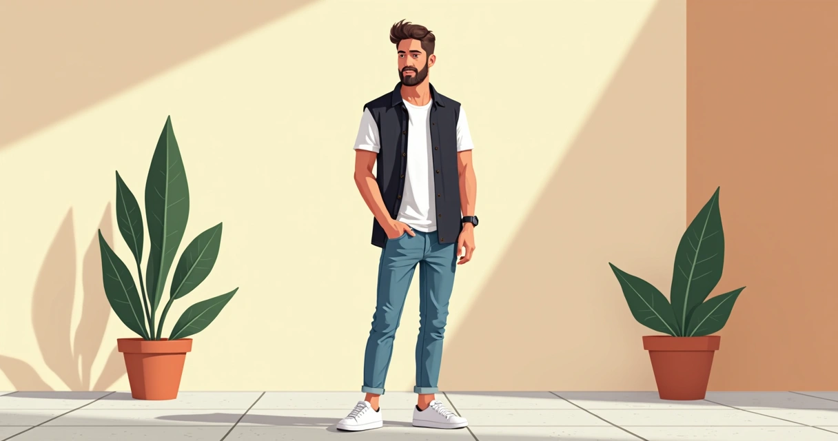 Homem vestindo camiseta oversized bege e calça ajustada em ambiente externo
