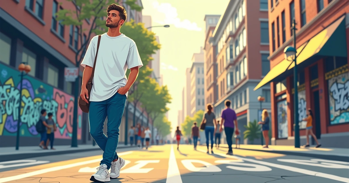 Homem usando camiseta oversized em cenário urbano com calça jeans e tênis