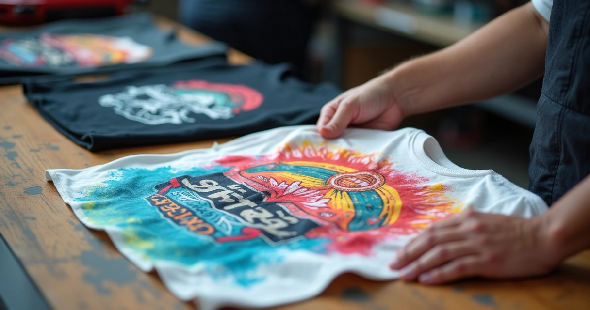 Camiseta personalizada com estampa colorida e filme DTF sendo removido 