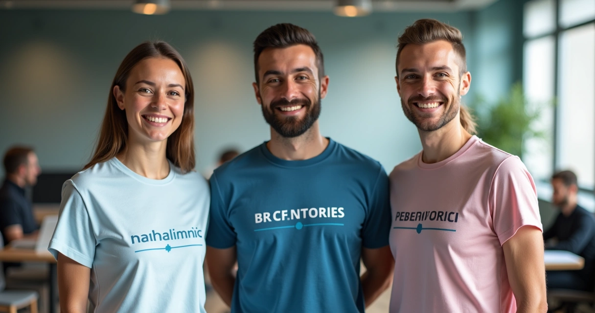 Três pessoas de diferentes profissões usando camisetas personalizadas com logos 