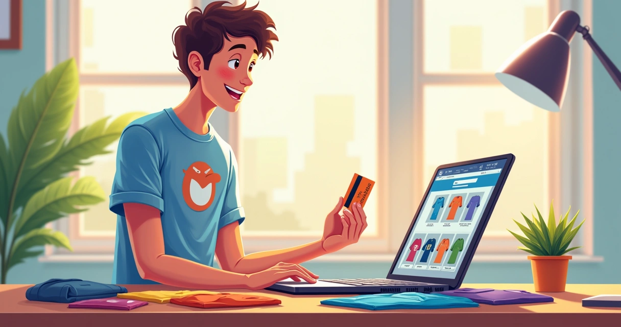 Jovem usando camiseta personalizada segurando cartão de crédito ao lado de notebook 