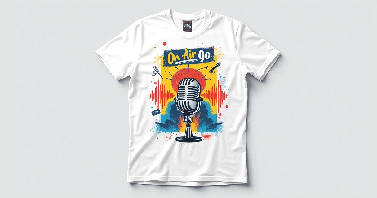 Camiseta branca estilo podcast com desenhos de microfones e onda sonora colorida 