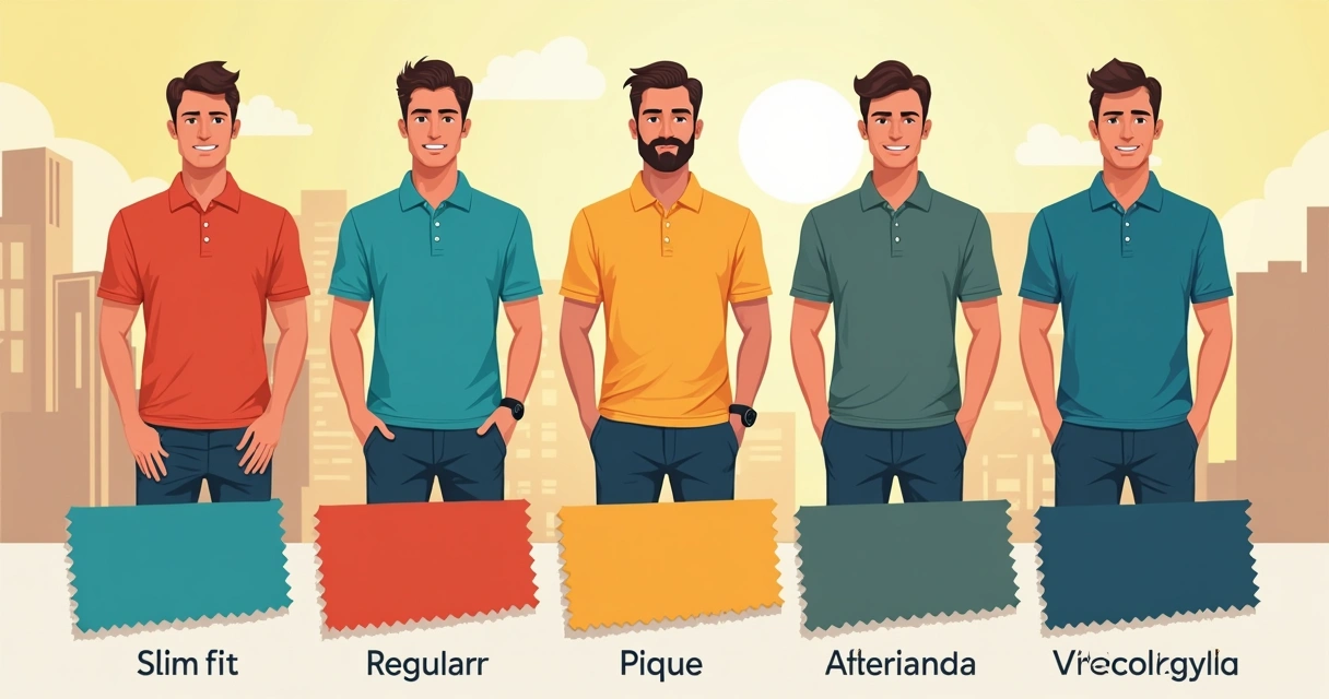 Diferentes cortes e tecidos de camisetas polo masculinas lado a lado