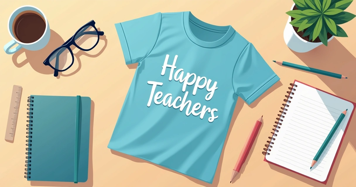 Camiseta dobrada com estampa para professor e materiais escolares ao lado