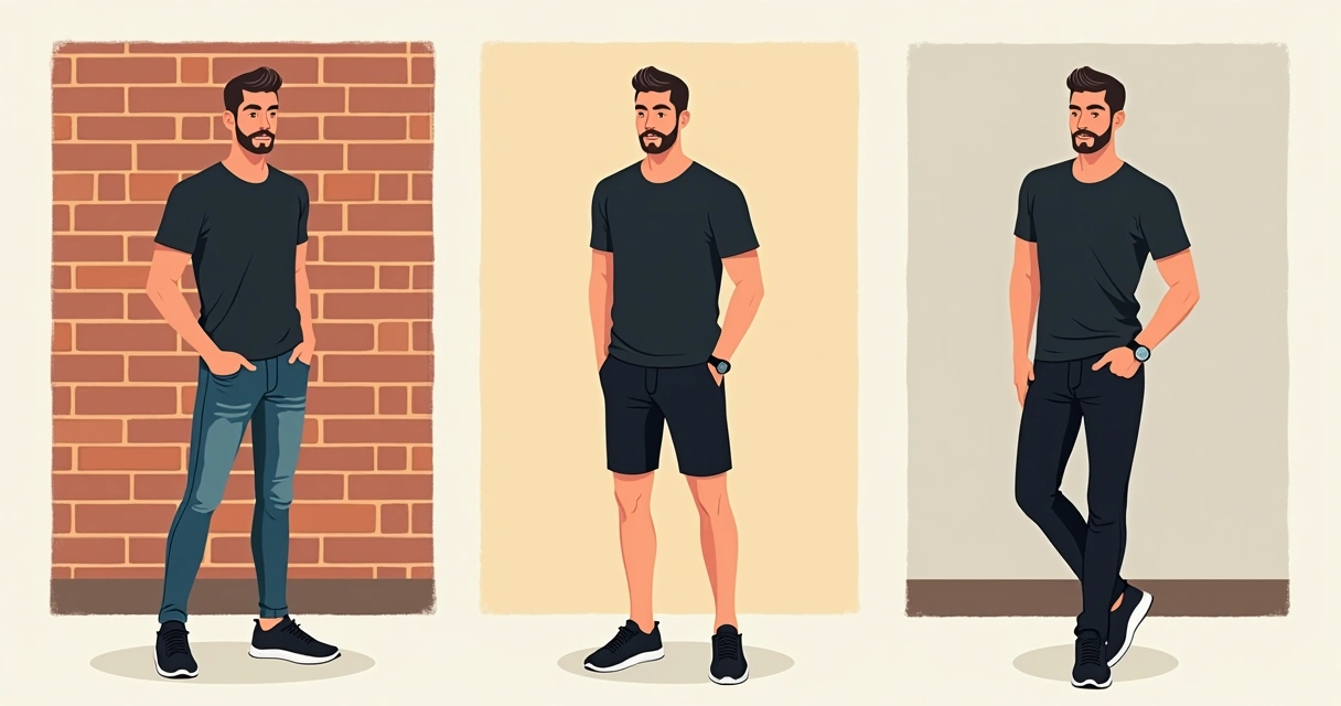 Homem usando camiseta preta em três estilos: casual, esportivo e sofisticado