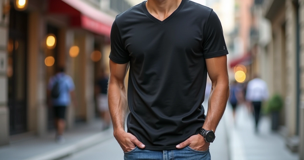 Homem veste camiseta preta de gola V, calça jeans e relógio, parado em cenário urbano