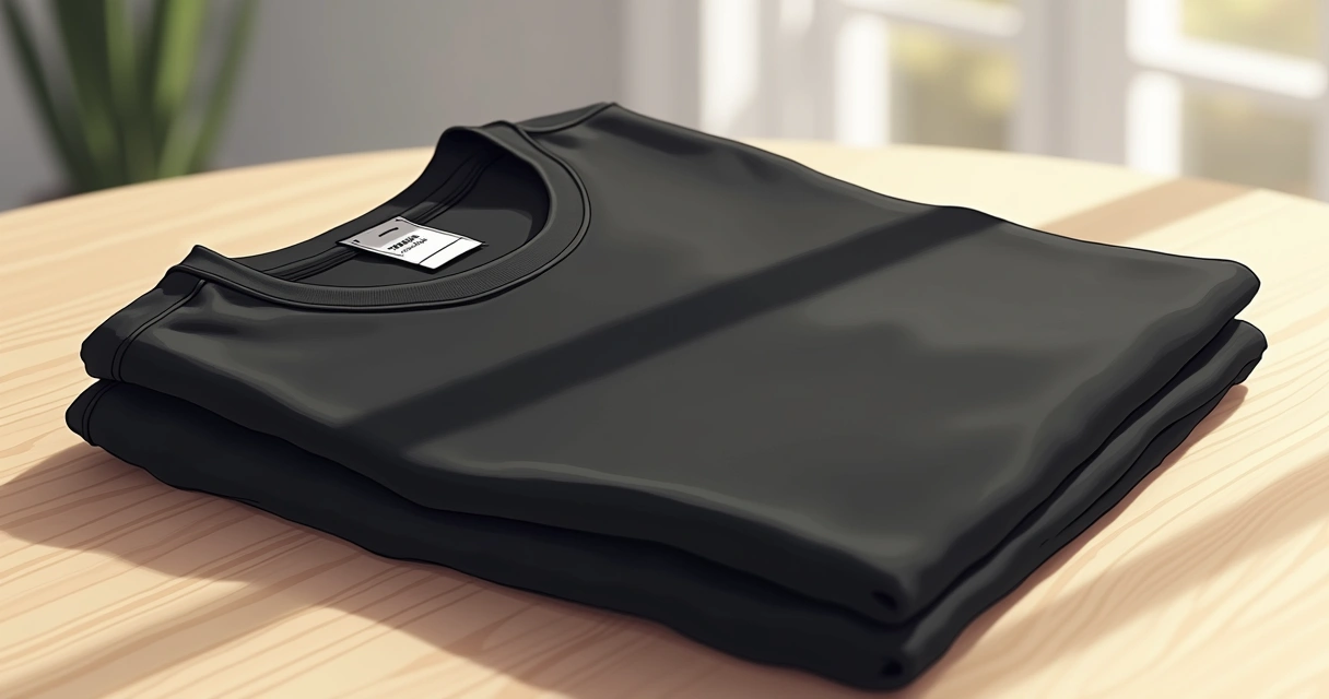 Camiseta preta slim fit masculina dobrada cuidadosamente sobre mesa de madeira clara